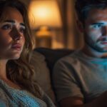 A woman looking sad while her partner is absorbed in his phone on the couch.