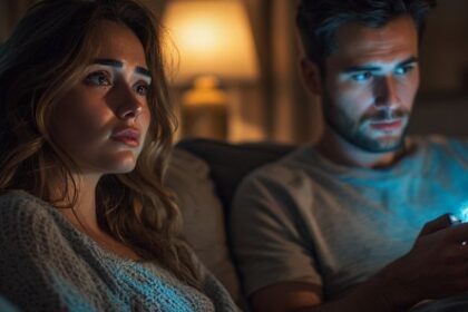 A woman looking sad while her partner is absorbed in his phone on the couch.