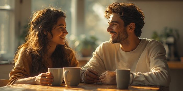 A happy, diverse couple laughing and talking at a coffee table without any phones.