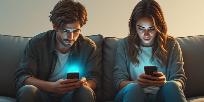 A couple sitting apart on a couch, each engrossed in their smartphone