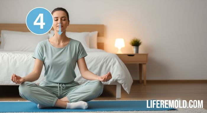 Woman demonstrating 4-7-8 breathing pattern technique to fall asleep fast in bed