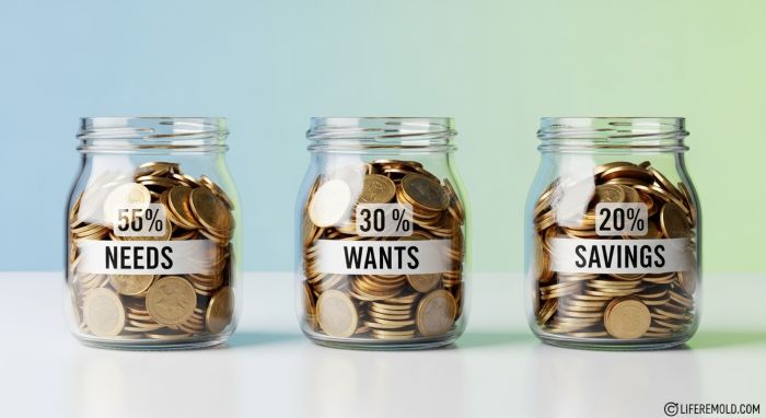 Visual representation of 50/30/20 budgeting rule for smart money saving