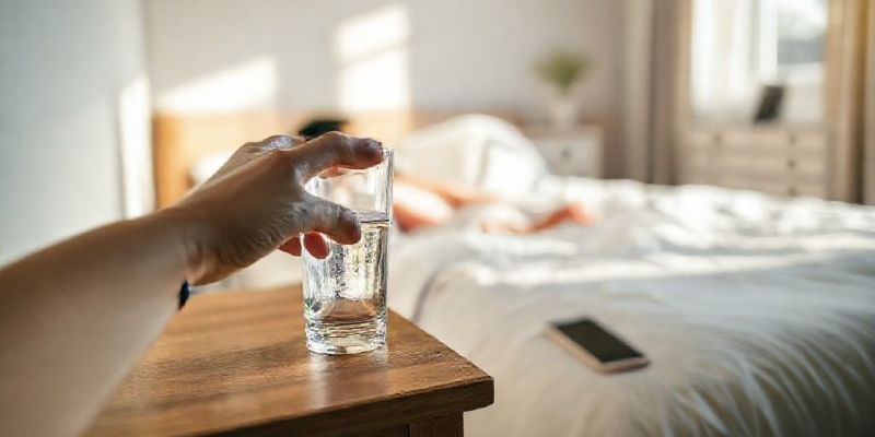 Person reaching for water in the morning instead of their phone to stop ruining their energy.