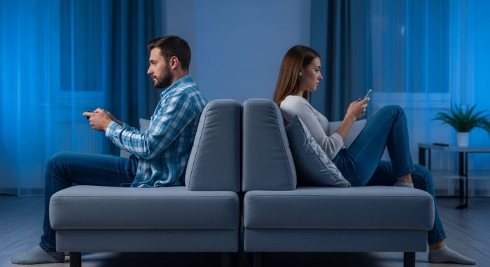 A couple experiencing a faded spark in their relationship due to over-familiarity and lack of connection.