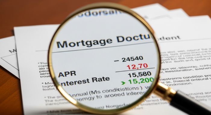 Magnifying glass examining APR and interest rate differences in mortgage documents