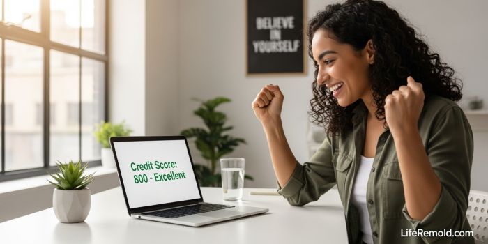 Person celebrating reaching excellent credit score of 800 on computer screen