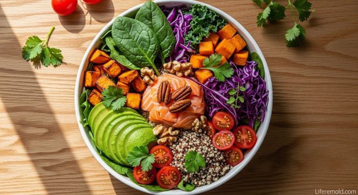 Colorful nutritious meal featuring omega-3 fatty acids and foods that reduce anxiety naturally