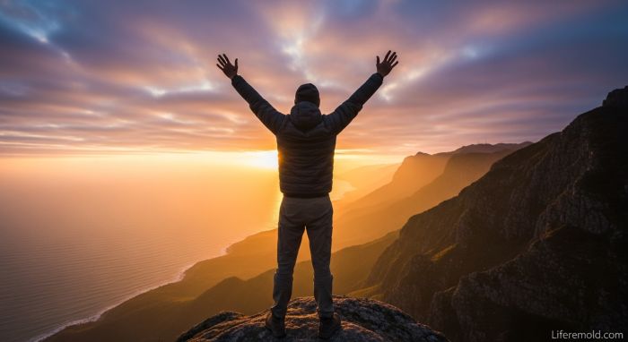 Person celebrating anxiety recovery success on mountain summit with expansive peaceful view