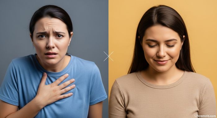 Before and after comparison showing person with anxiety symptoms versus person experiencing relief after treatment