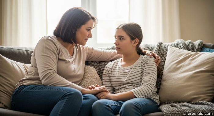 Parent providing emotional support to anxious teenager in caring home environment