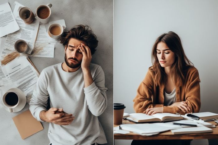 Comparison showing overwhelmed person versus successful habit stacker with simple system
