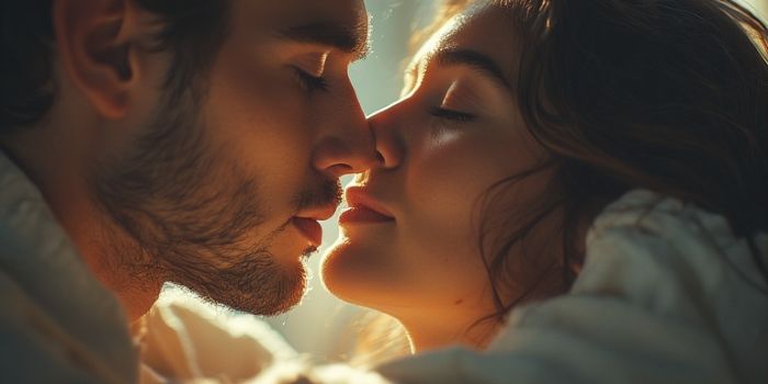 A couple sharing a tender goodnight kiss in a dimly lit bedroom.