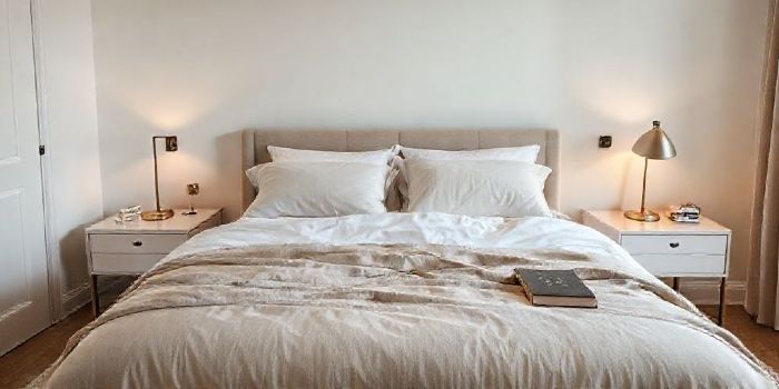 A serene, tidy, and peaceful bedroom designed as a couple's sanctuary.