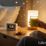 Glass of golden turmeric milk on bedside table for nighttime skincare routine