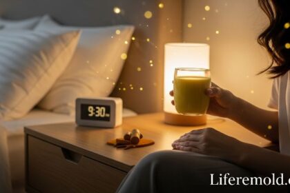 Glass of golden turmeric milk on bedside table for nighttime skincare routine