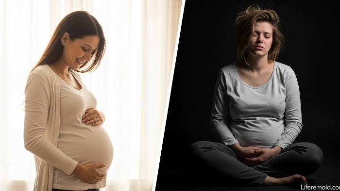 Comparison showing happy pregnant woman versus exhausted mother with postpartum depression