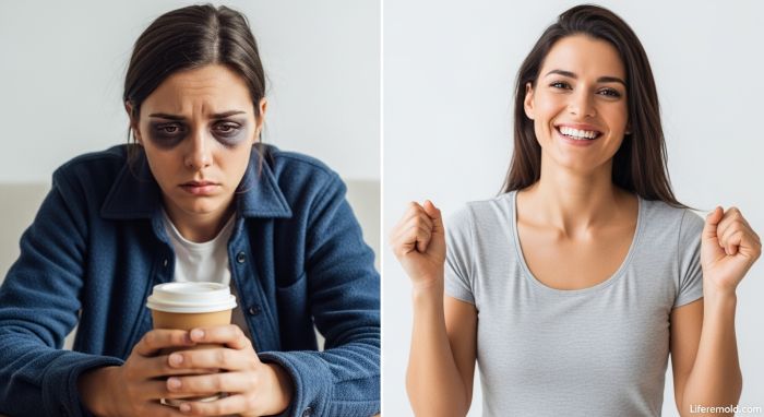 Energy transformation showing person going from tired to energetic with better habits