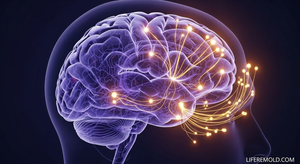 Scientific illustration of brain showing neuroplasticity with new healthy neural pathways forming during anxiety treatment