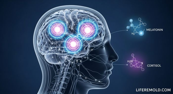 Scientific diagram of human brain showing sleep hormones melatonin and cortisol production