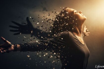 Powerful visual of person breaking free from anxiety chains transforming into light and butterflies