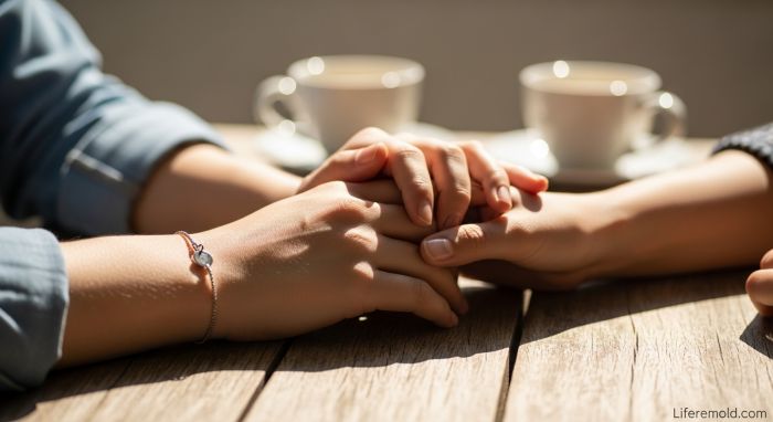 Two hands holding each other showing trust and emotional bond