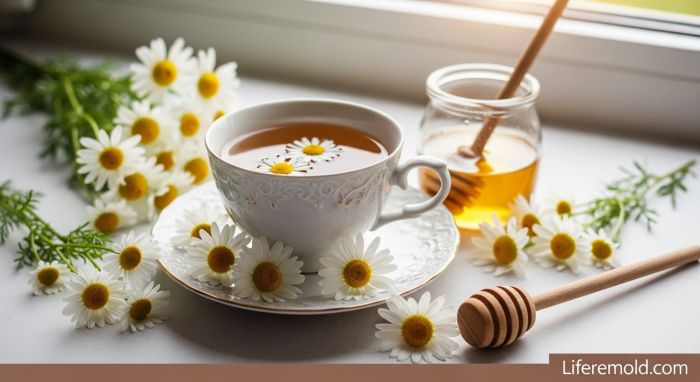 Calming chamomile tea with honey for better sleep and skin