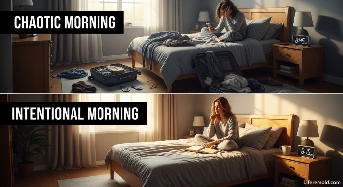 Before and after comparison showing chaotic morning versus organized intentional morning routine