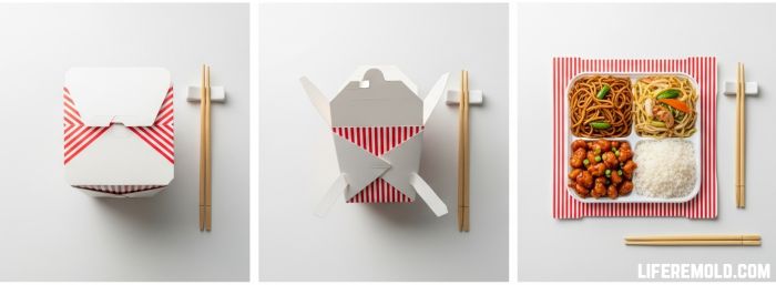 Takeout box transformed into flat plate showing hidden design feature