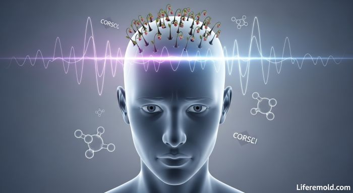 Medical illustration showing how stress and cortisol trigger hair loss and telogen effluvium
