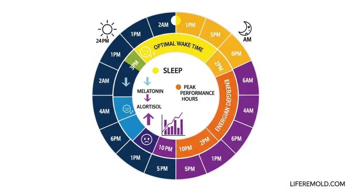 Circadian rhythm infographic showing optimal wake times and hormone production throughout day