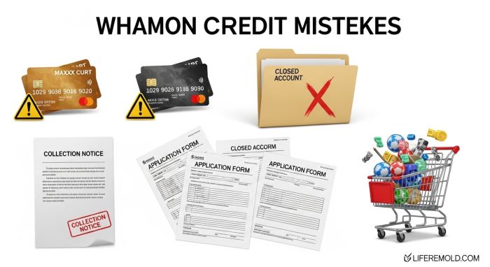 Visual representation of credit mistakes including maxed cards, closed accounts, and collection notices