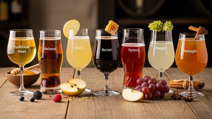 Different types of honey wine and mead showing color variations