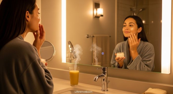 Woman following nighttime skincare routine with bedtime drink