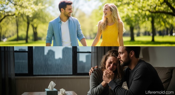 Same couple showing consistent presence and support during both happy and difficult relationship moments