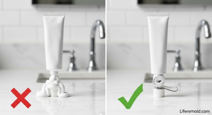 Proper method of using toothpaste tube by squeezing from bottom to avoid waste