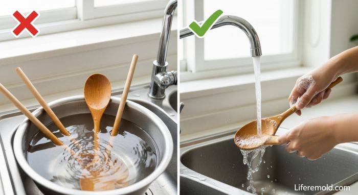 Proper method of washing wooden kitchen utensils without soaking
