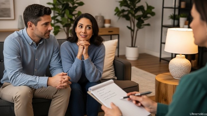 Couple in therapy session seeking professional help for relationship issues