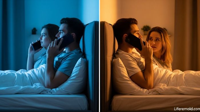 Split comparison of couple disconnected on phones versus connected in conversation