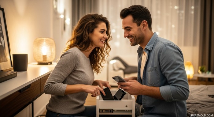 Happy couple putting phones away to focus on each other