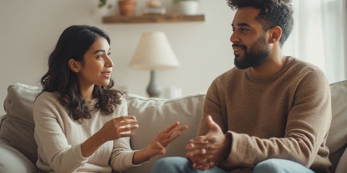 A couple having a positive and constructive conversation on their couch.
