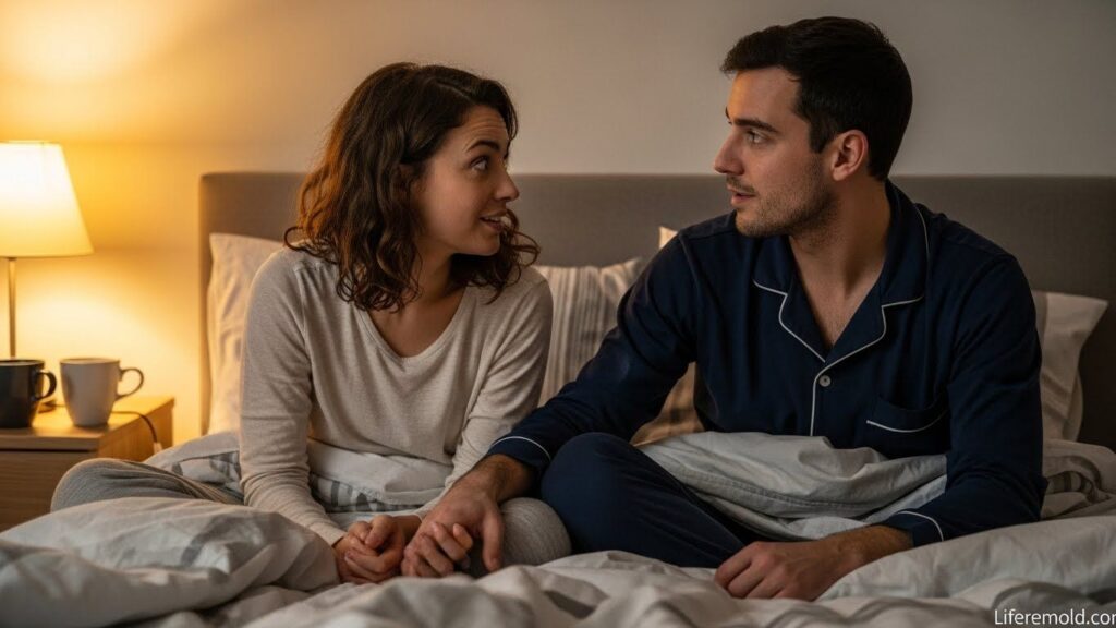 Engaged couple having flowing deep conversation in bed