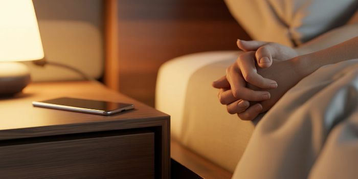 A couple choosing to hold hands in bed instead of using their phones.