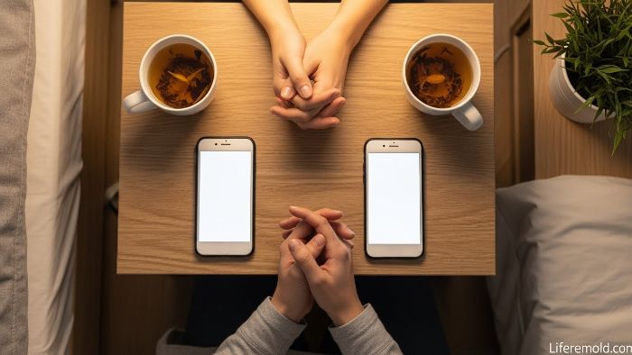 Phones placed down on nightstand while couple holds hands focusing on each other