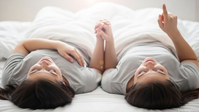 Couple lying in bed looking up dreaming about their future together