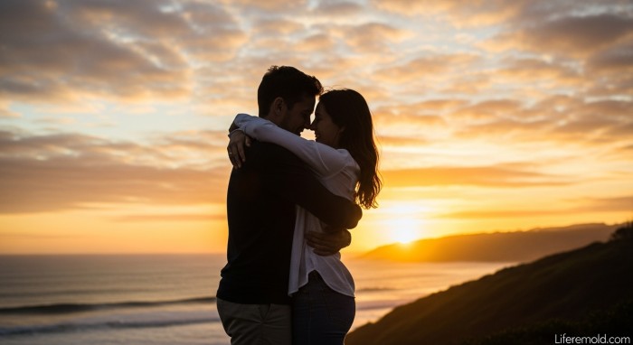 Silhouette of couple hugging tightly against beautiful sunset sky