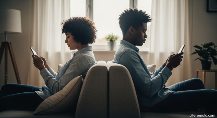 Couple on couch looking at phones showing relationship communication problems