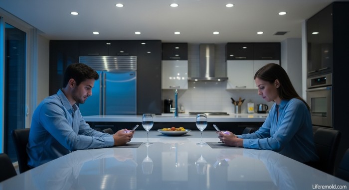 Couple distracted by phones ignoring each other at dinner table