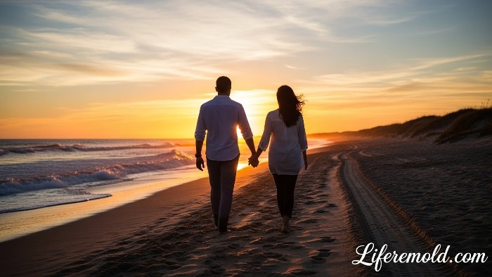 Loving couple walking together on beach representing relationship growth and future