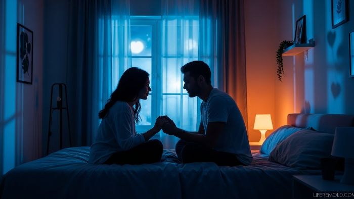Silhouette of couple having meaningful conversation in moonlit bedroom