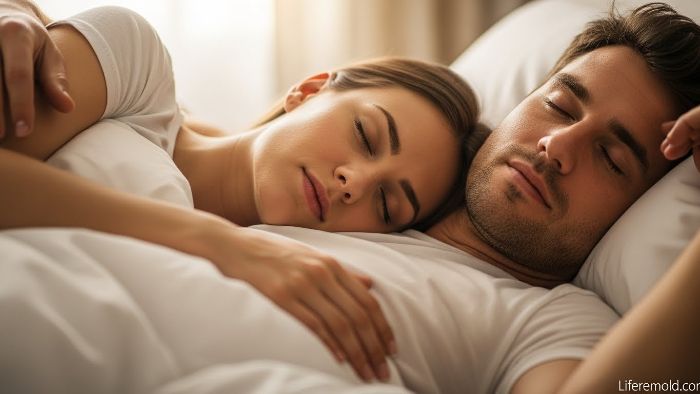 Peacefully sleeping couple showing benefits of emotional connection